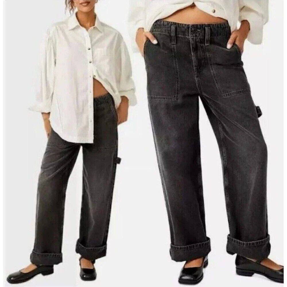 Free People We The Free Major Leagues Cargo Jeans Women 30 Vtg. Black Boho Denim